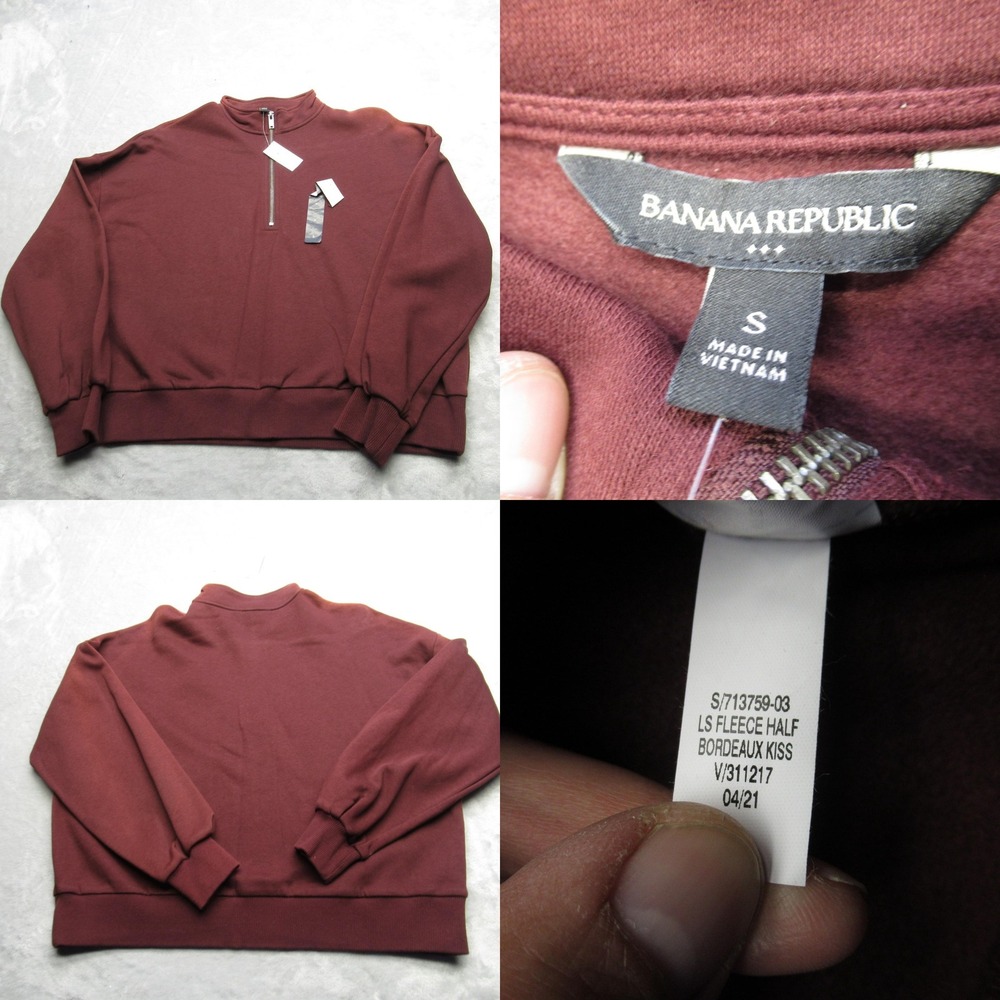 Banana Republic Sweatshirt Mens Small Burgundy Long Sleeve Fleece 1/2‎ Zip Read